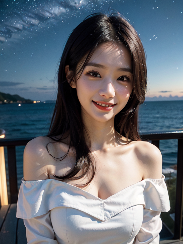 00168-2798560964-Wearing a cheongsam, off the shoulder, long haired and smiling beauty, at night, by the sea, starry sky, with delicate facial fe.png